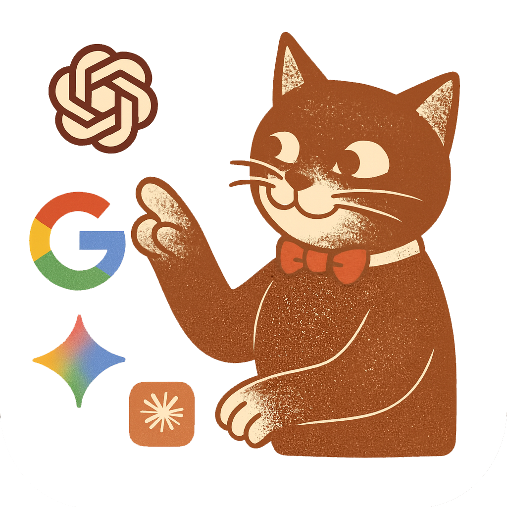 Ilustración de gato Gatodato señalando modelos de IA